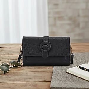 Black Solid Faux Leather Crossbody Wallet with Shoulder Strap