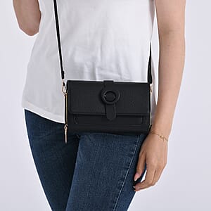 Black Solid Faux Leather Crossbody Wallet with Shoulder Strap