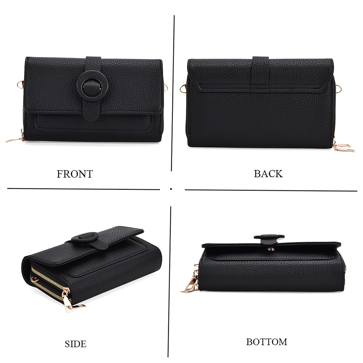 Black Solid Faux Leather Crossbody Wallet with Shoulder Strap image number 4