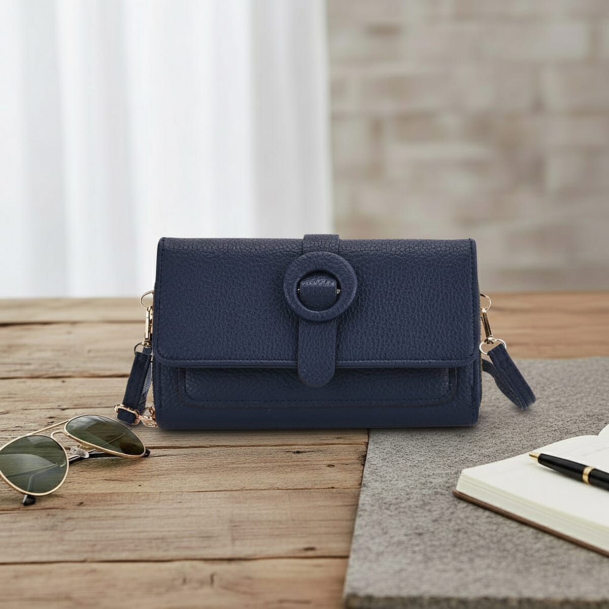 Navy Solid Faux Leather Crossbody Wallet with Shoulder Strap image number 1