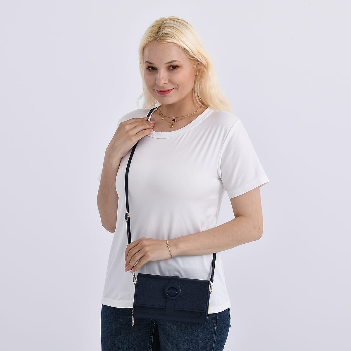 Navy Solid Faux Leather Crossbody Wallet with Shoulder Strap image number 2