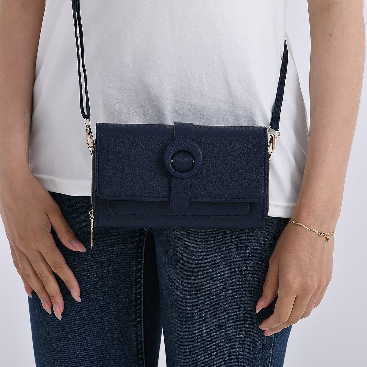 Navy Solid Faux Leather Crossbody Wallet with Shoulder Strap image number 3