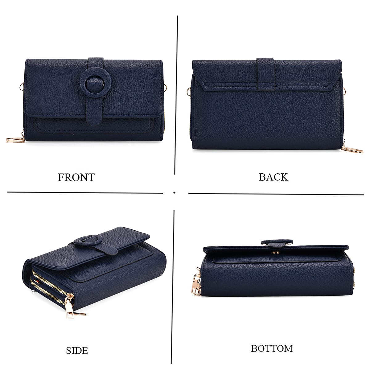 Navy Solid Faux Leather Crossbody Wallet with Shoulder Strap image number 4