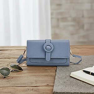 Blue Solid Faux Leather Crossbody Wallet with Shoulder Strap