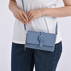 Blue Solid Faux Leather Crossbody Wallet with Shoulder Strap