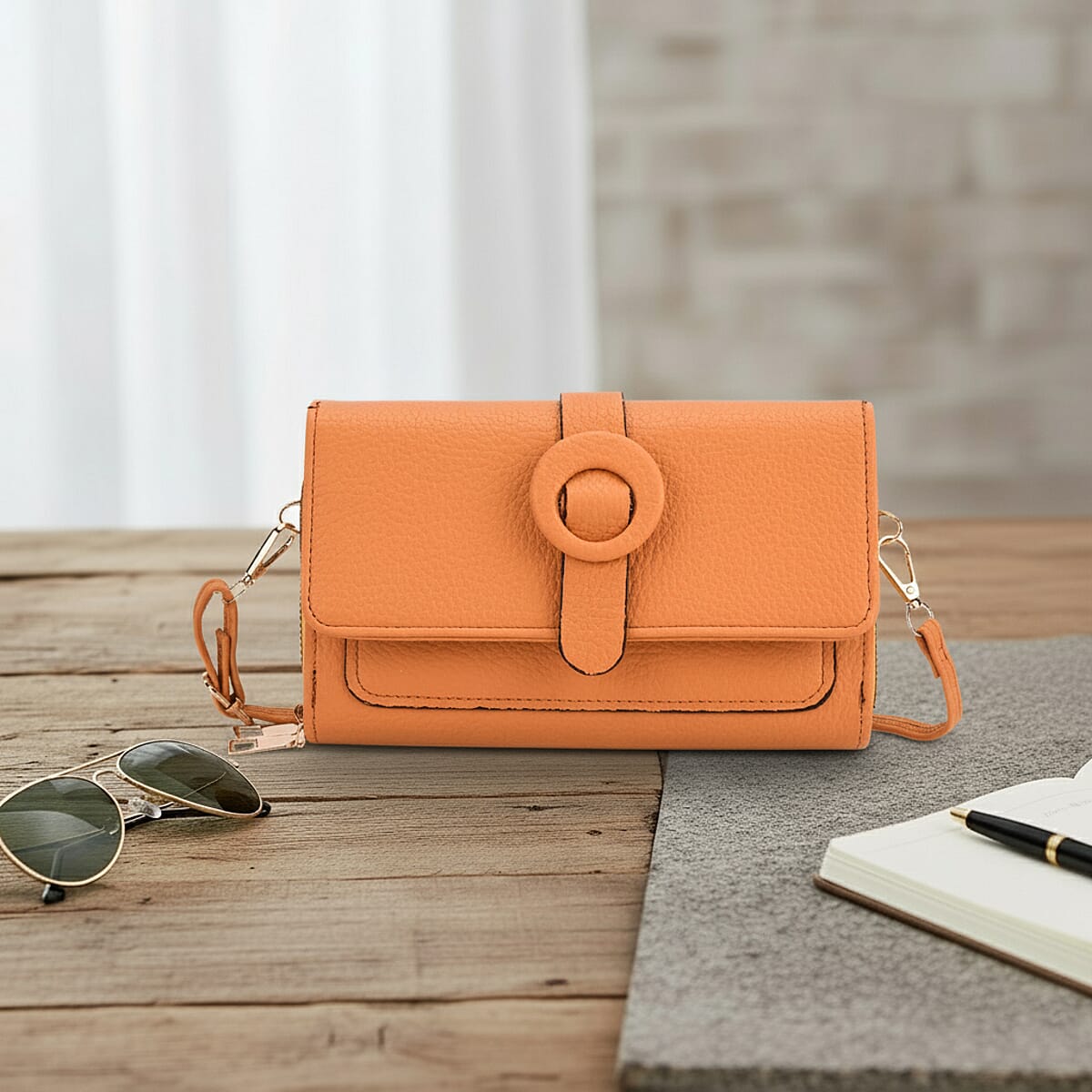 Orange Solid Faux Leather Crossbody Wallet with Shoulder Strap image number 1