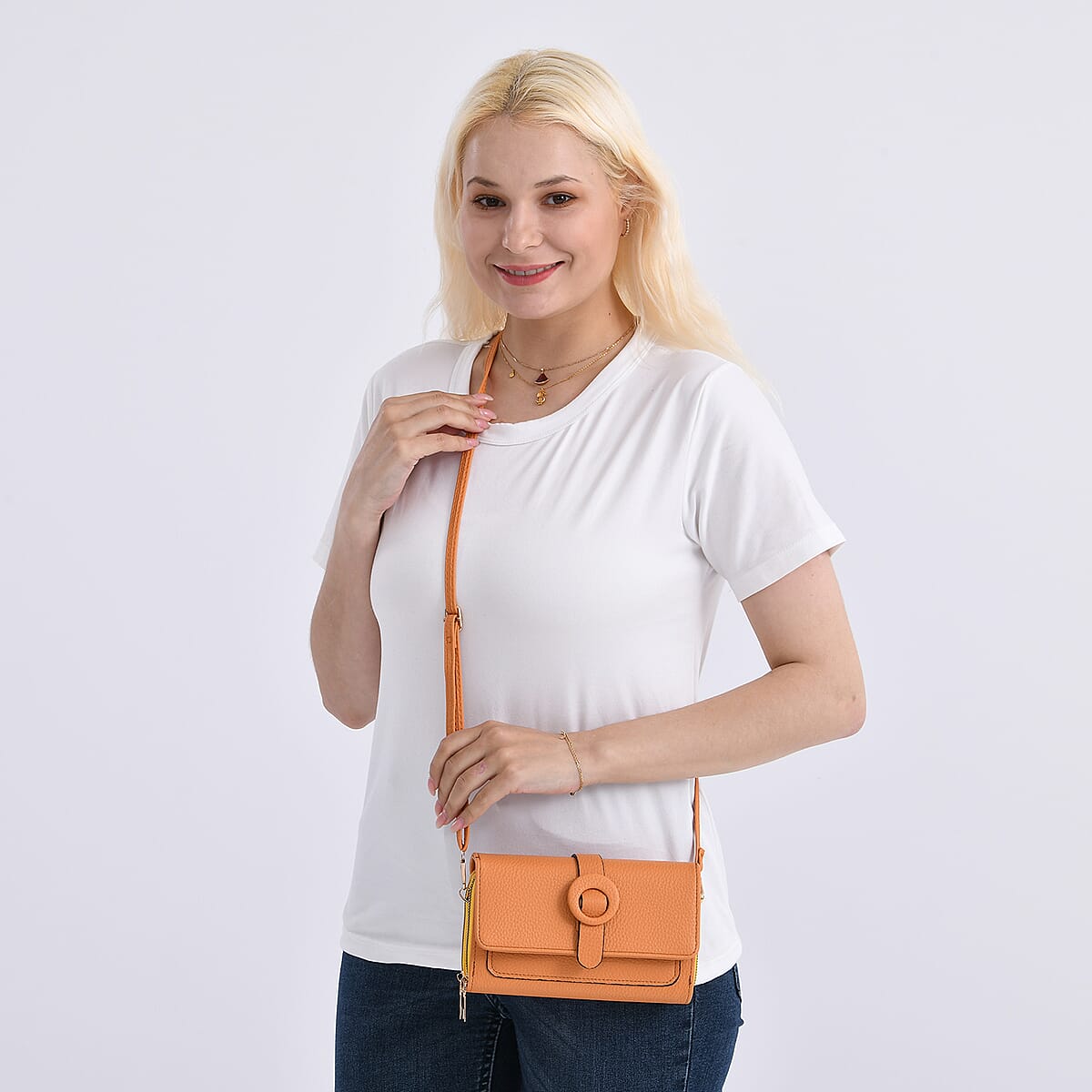 Orange Solid Faux Leather Crossbody Wallet with Shoulder Strap image number 2
