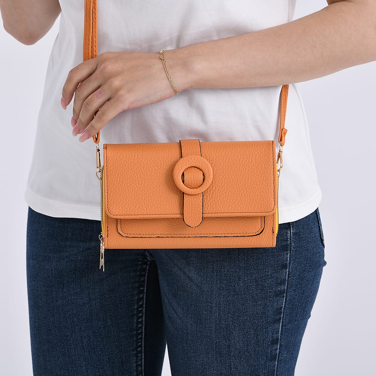 Orange Solid Faux Leather Crossbody Wallet with Shoulder Strap image number 3