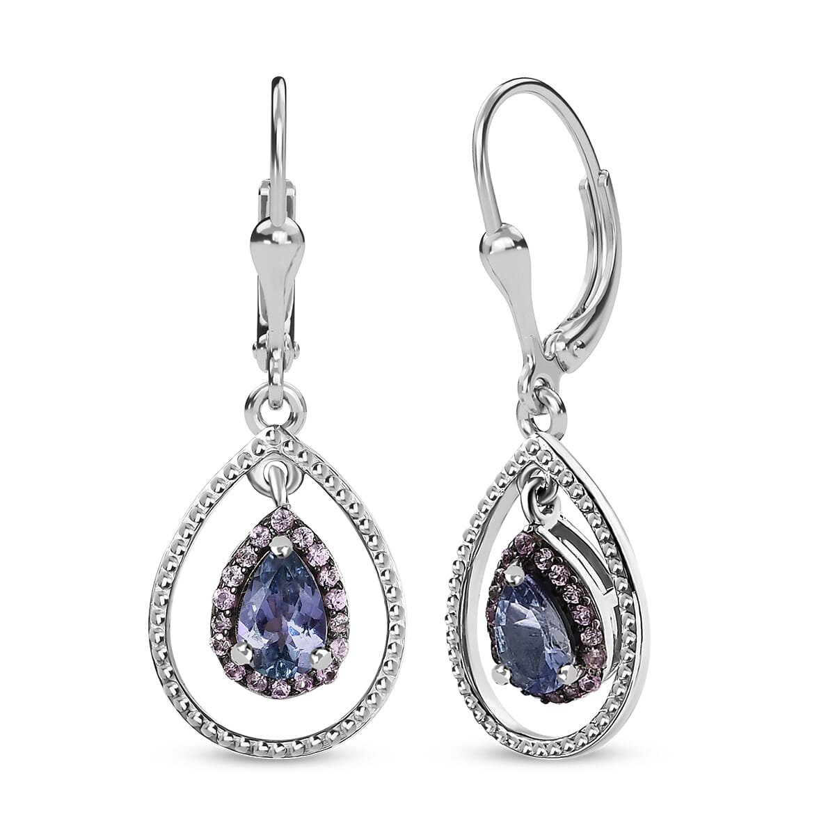 D'Joy Peacock Tanzanite and Madagascar Pink Sapphire 2.15 ctw Raindrop Earrings in Rhodium Over Sterling Silver image number 0