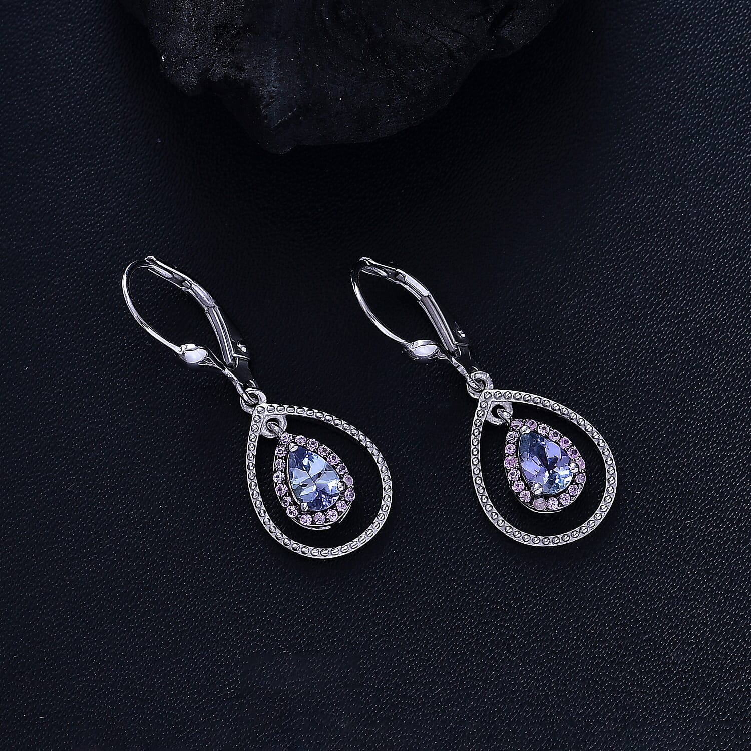 D'Joy Peacock Tanzanite and Madagascar Pink Sapphire 2.15 ctw Raindrop Earrings in Rhodium Over Sterling Silver
