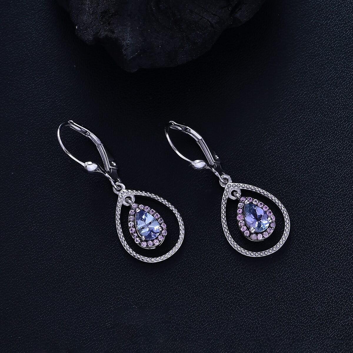 D'Joy Peacock Tanzanite and Madagascar Pink Sapphire 2.15 ctw Raindrop Earrings in Rhodium Over Sterling Silver image number 1