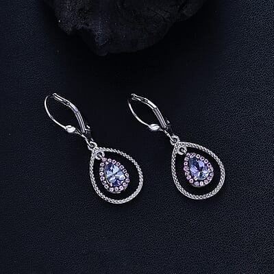 D'Joy Peacock Tanzanite and Madagascar Pink Sapphire 2.15 ctw Raindrop Earrings in Rhodium Over Sterling Silver