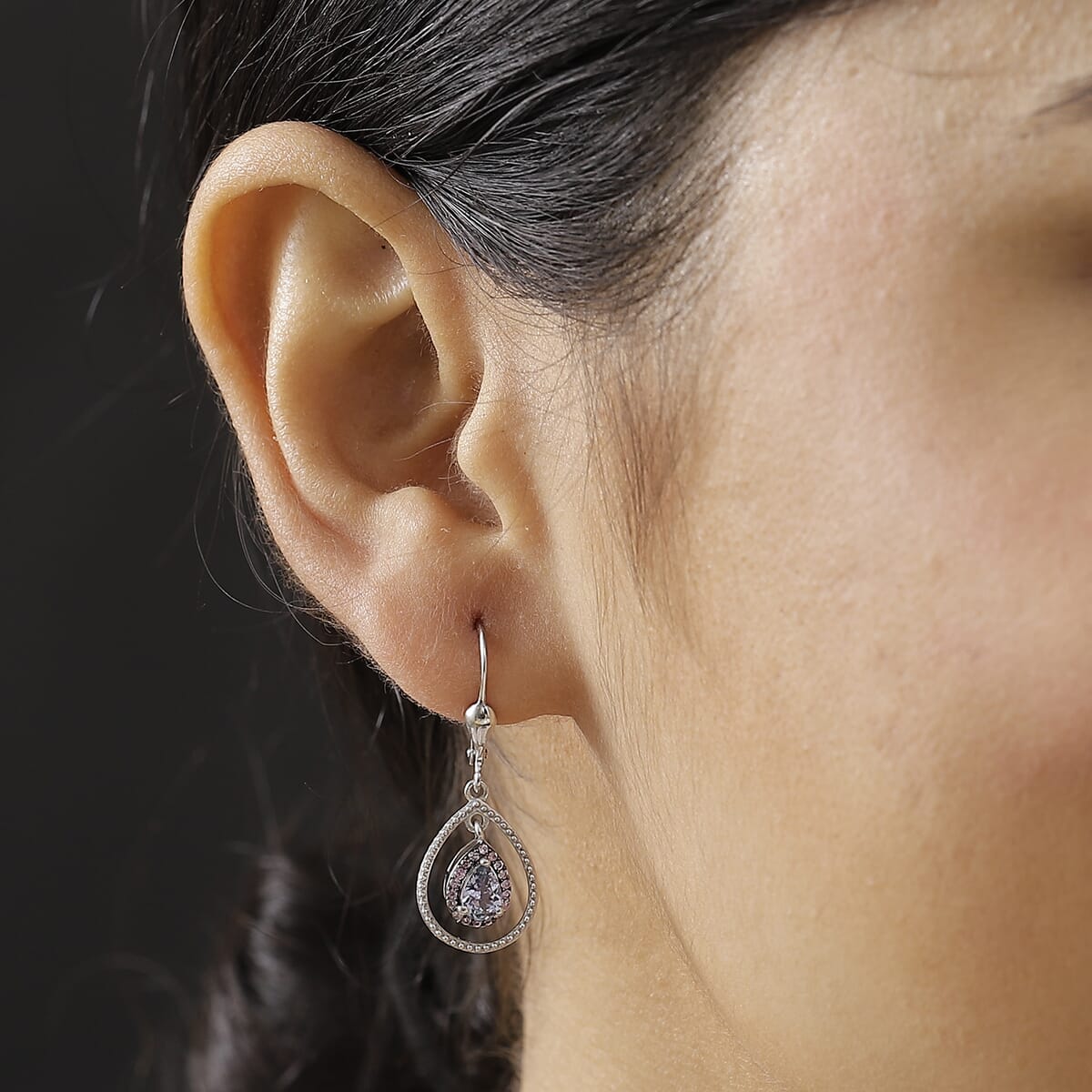 D'Joy Peacock Tanzanite and Madagascar Pink Sapphire 2.15 ctw Raindrop Earrings in Rhodium Over Sterling Silver image number 2