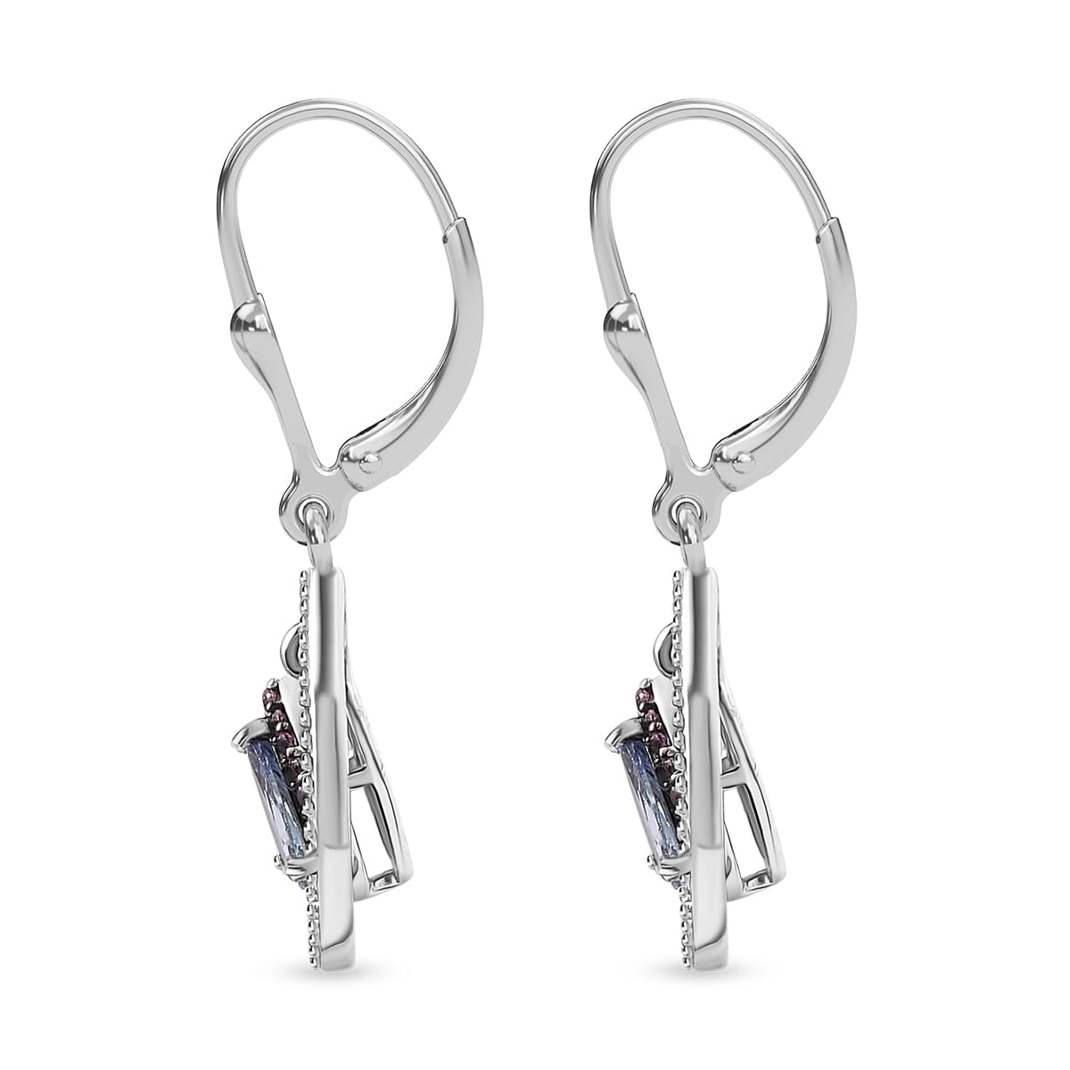 D'Joy Peacock Tanzanite and Madagascar Pink Sapphire 2.15 ctw Raindrop Earrings in Rhodium Over Sterling Silver image number 3