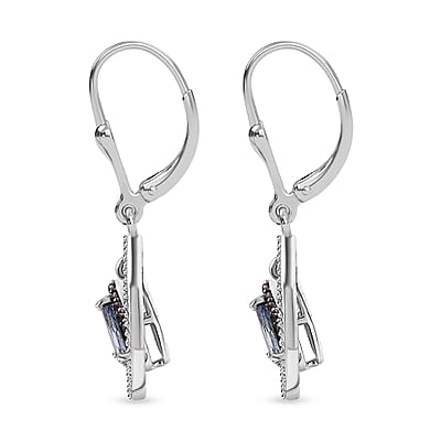 D'Joy Peacock Tanzanite and Madagascar Pink Sapphire 2.15 ctw Raindrop Earrings in Rhodium Over Sterling Silver