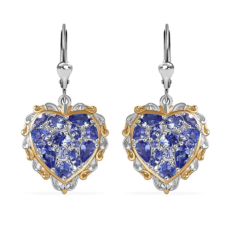 D'Joy Tanzanite 4.15 ctw Heart Earrings in 18K Vermeil YG and Rhodium Over Sterling Silver