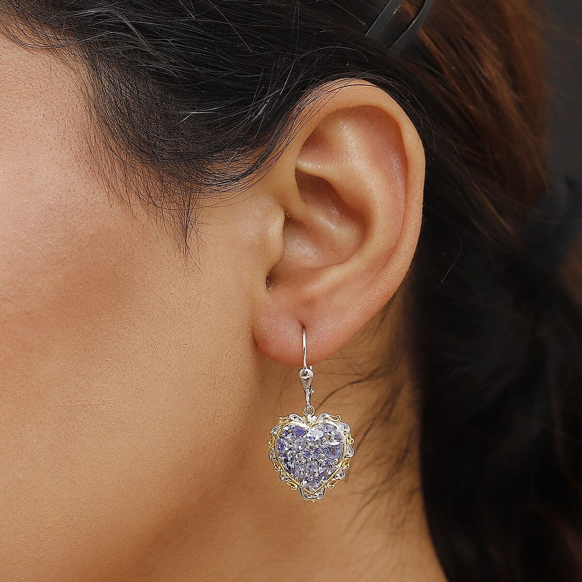 D'Joy Tanzanite 4.15 ctw Heart Earrings in 18K Vermeil YG and Rhodium Over Sterling Silver image number 2