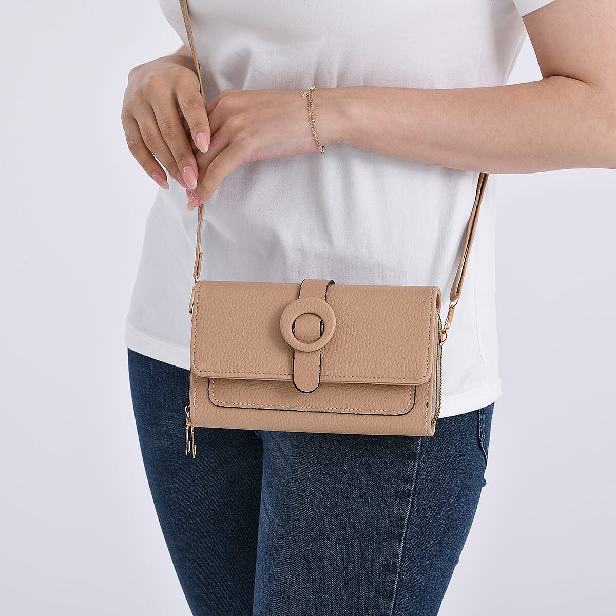 Khaki Solid Faux Leather Crossbody Wallet with Shoulder Strap image number 3