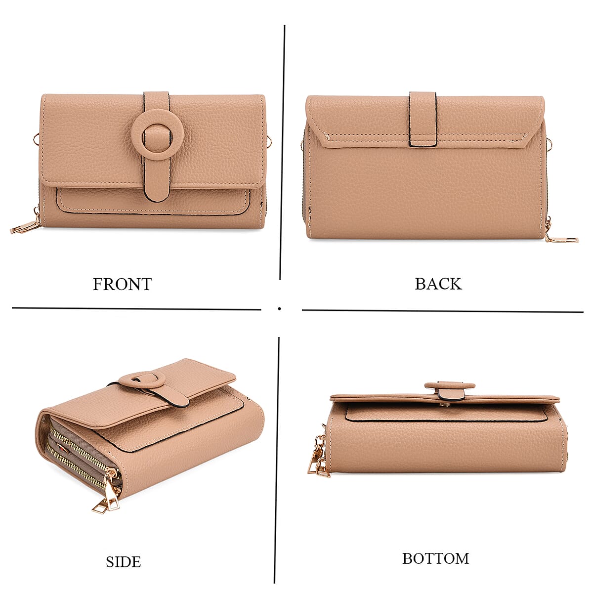 Khaki Solid Faux Leather Crossbody Wallet with Shoulder Strap image number 4