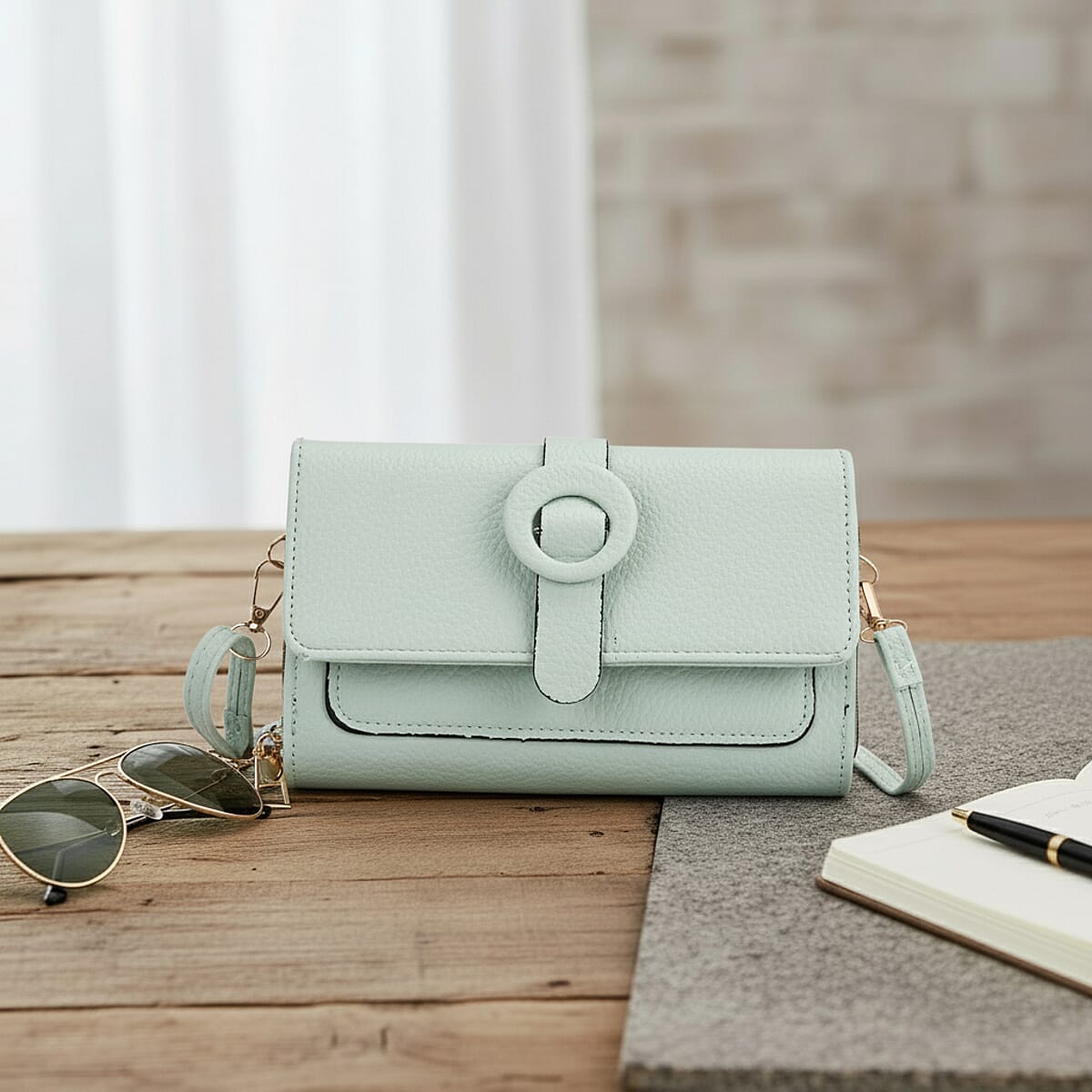 Mint Green Solid Faux Leather Crossbody Wallet with Shoulder Strap image number 1