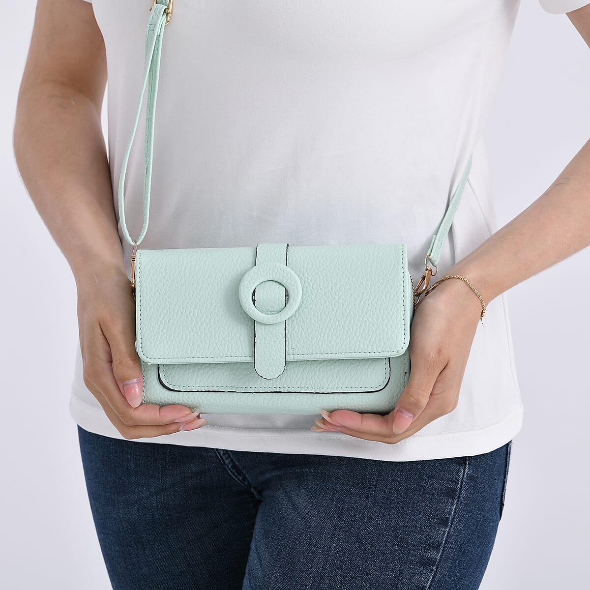 Mint Green Solid Faux Leather Crossbody Wallet with Shoulder Strap image number 3