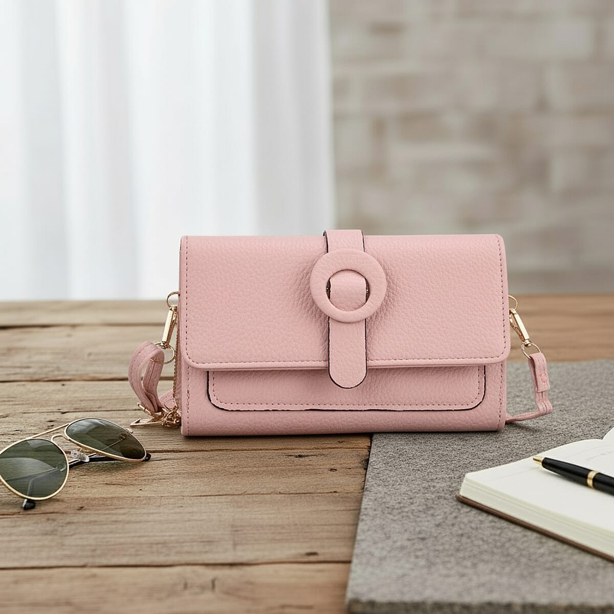 Pink Solid Faux Leather Crossbody Wallet with Shoulder Strap image number 1