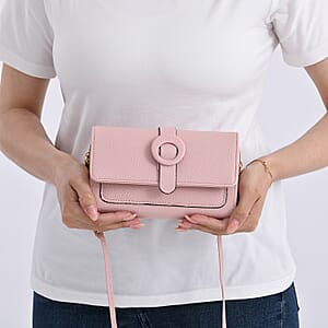 Pink Solid Faux Leather Crossbody Wallet with Shoulder Strap