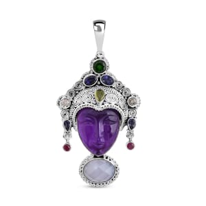 Sajen Silver African Amethyst Carved and Multi Gemstone 28.85 ctw Pendant without Chain in Sterling Silver