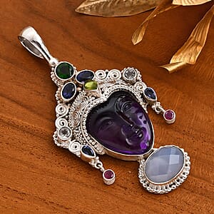 Sajen Silver African Amethyst Carved and Multi Gemstone 28.85 ctw Pendant without Chain in Sterling Silver
