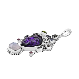 Sajen Silver African Amethyst Carved and Multi Gemstone 28.85 ctw Pendant without Chain in Sterling Silver