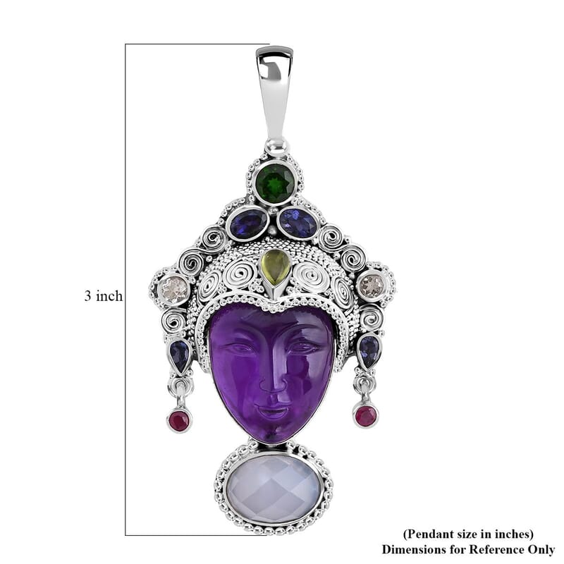 Sajen Silver African Amethyst Carved and Multi Gemstone 28.85 ctw Pendant without Chain in Sterling Silver