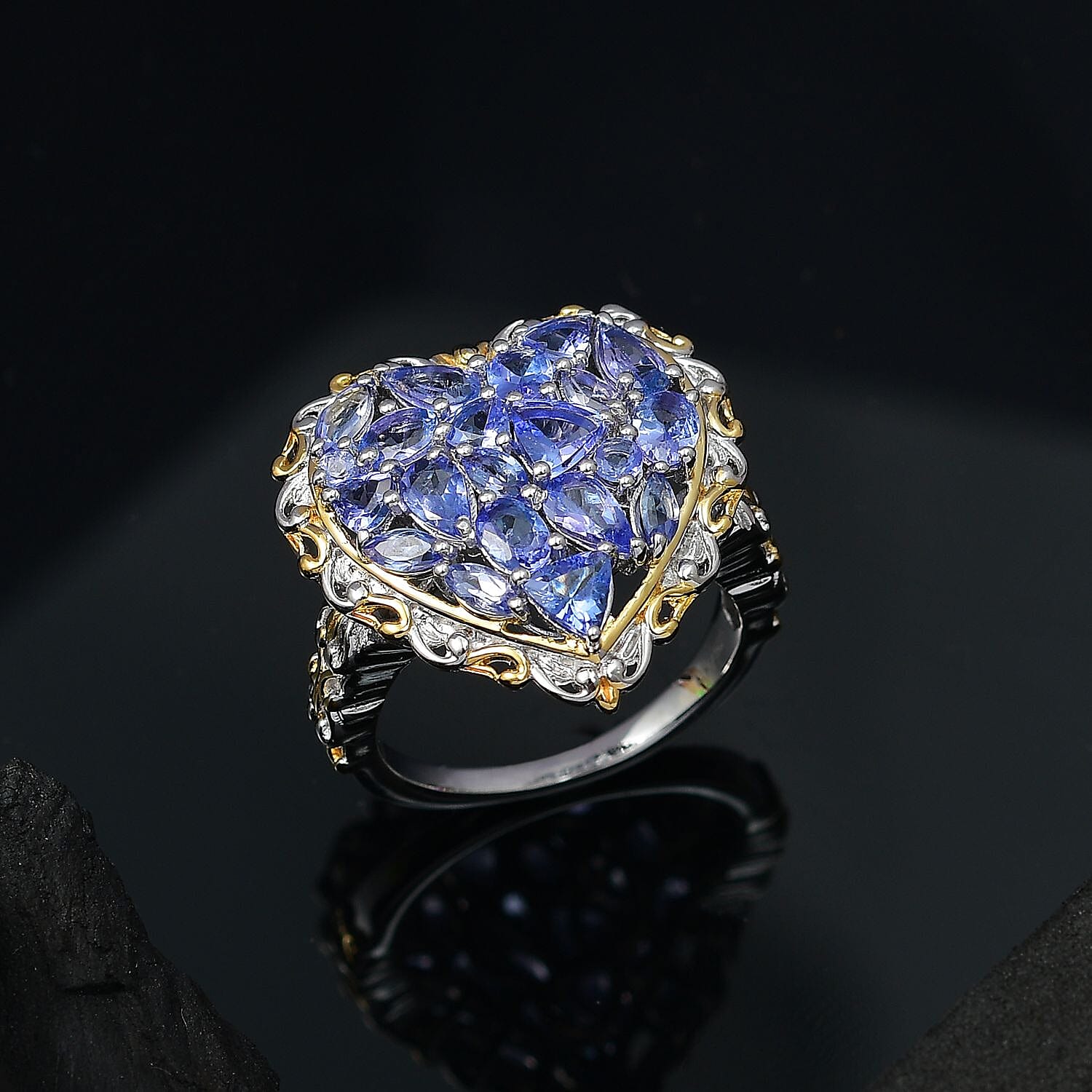 D'Joy Tanzanite 3.30 ctw Heart Ring in 18K Vermeil Yellow Gold and Rhodium Over Sterling Silver (Size 10.0)