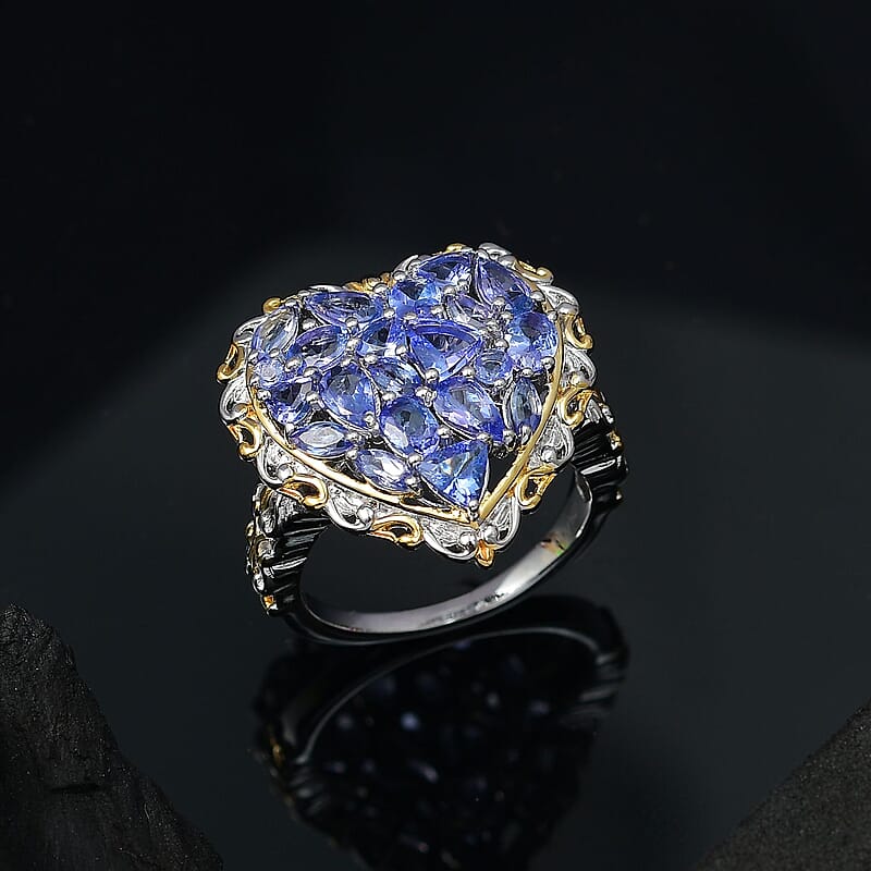 D'Joy Tanzanite 3.30 ctw Heart Ring in 18K Vermeil Yellow Gold and Rhodium Over Sterling Silver (Size 10.0)