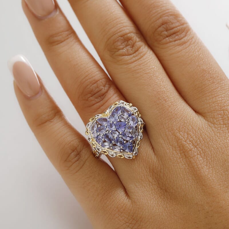 D'Joy Tanzanite 3.30 ctw Heart Ring in 18K Vermeil Yellow Gold and Rhodium Over Sterling Silver (Size 10.0)