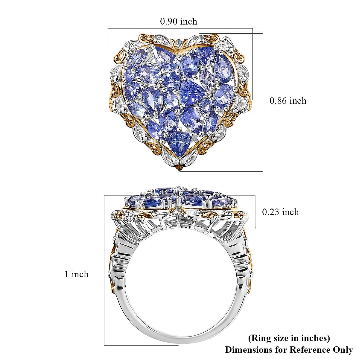 D'Joy Tanzanite 3.30 ctw Heart Ring in 18K Vermeil Yellow Gold and Rhodium Over Sterling Silver (Size 10.0)