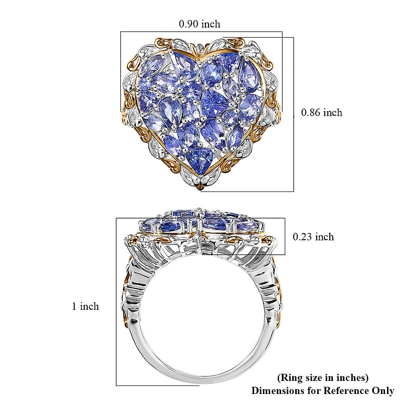 D'Joy Tanzanite 3.30 ctw Heart Ring in 18K Vermeil Yellow Gold and Rhodium Over Sterling Silver (Size 10.0)
