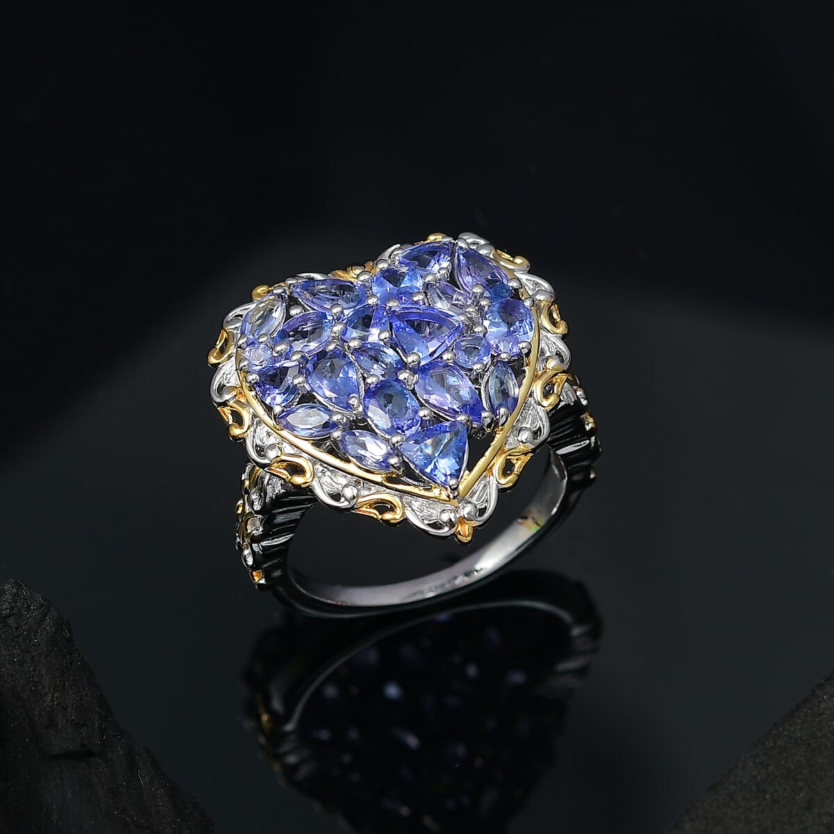 D'Joy Tanzanite 3.30 ctw Heart Ring in 18K Vermeil YG and Rhodium Over Sterling Silver (Size 7.0) image number 1