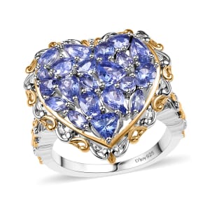 D'Joy Tanzanite 3.30 ctw Heart Ring in 18K Vermeil Yellow Gold and Rhodium Over Sterling Silver (Size 9.0)