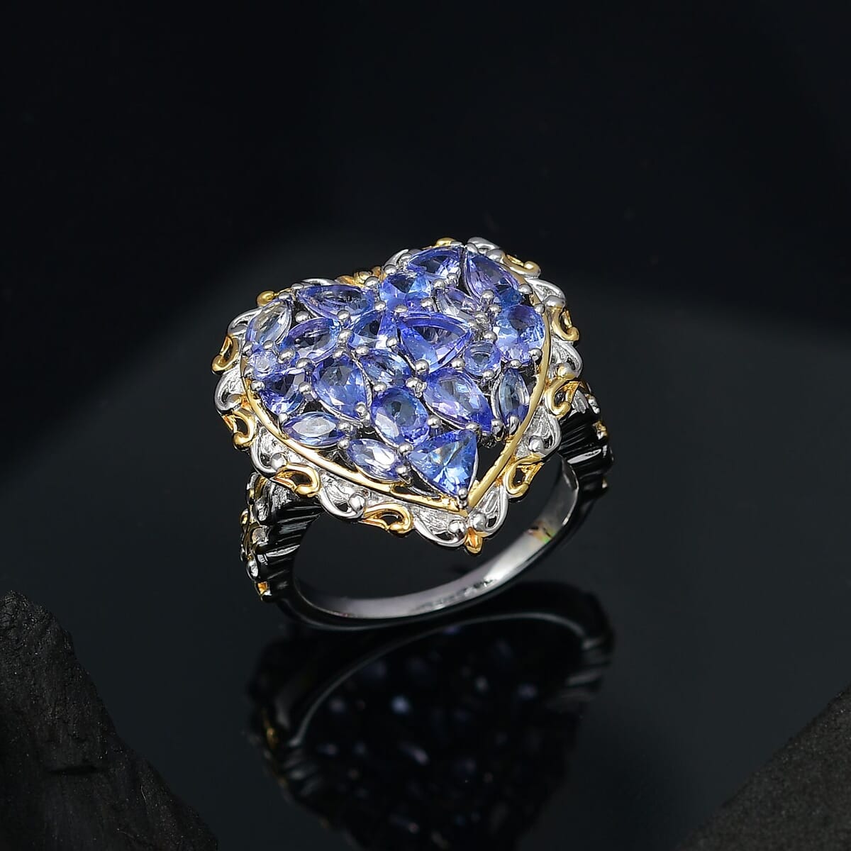 D'Joy Tanzanite 3.30 ctw Heart Ring in 18K Vermeil Yellow Gold and Rhodium Over Sterling Silver (Size 9.0) image number 1