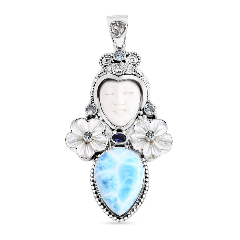 Sajen Silver Carved Bone and Multi Gemstone 30.40 ctw Pendant without Chain in Sterling Silver