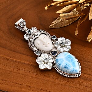 Sajen Silver Carved Bone and Multi Gemstone 30.40 ctw Pendant without Chain in Sterling Silver