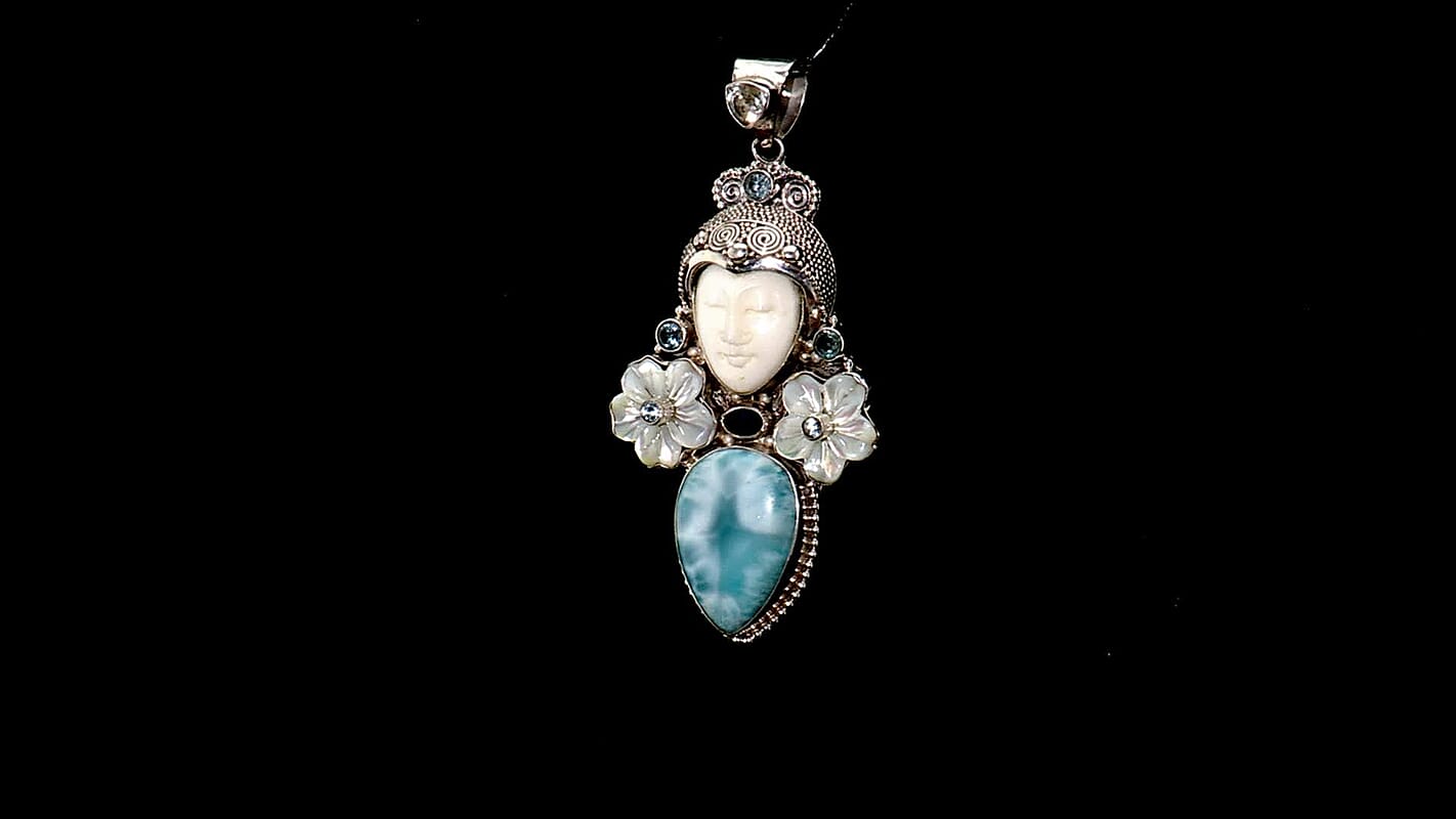 Sajen Silver Carved Bone and Multi Gemstone 30.40 ctw Pendant without Chain in Sterling Silver