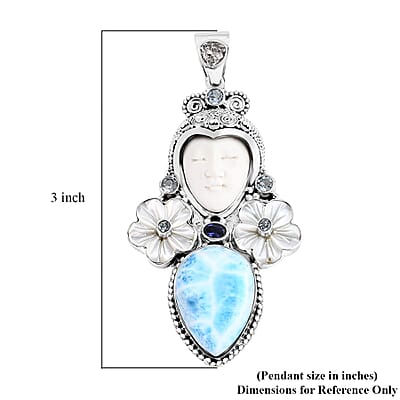 Sajen Silver Carved Bone and Multi Gemstone 30.40 ctw Pendant without Chain in Sterling Silver