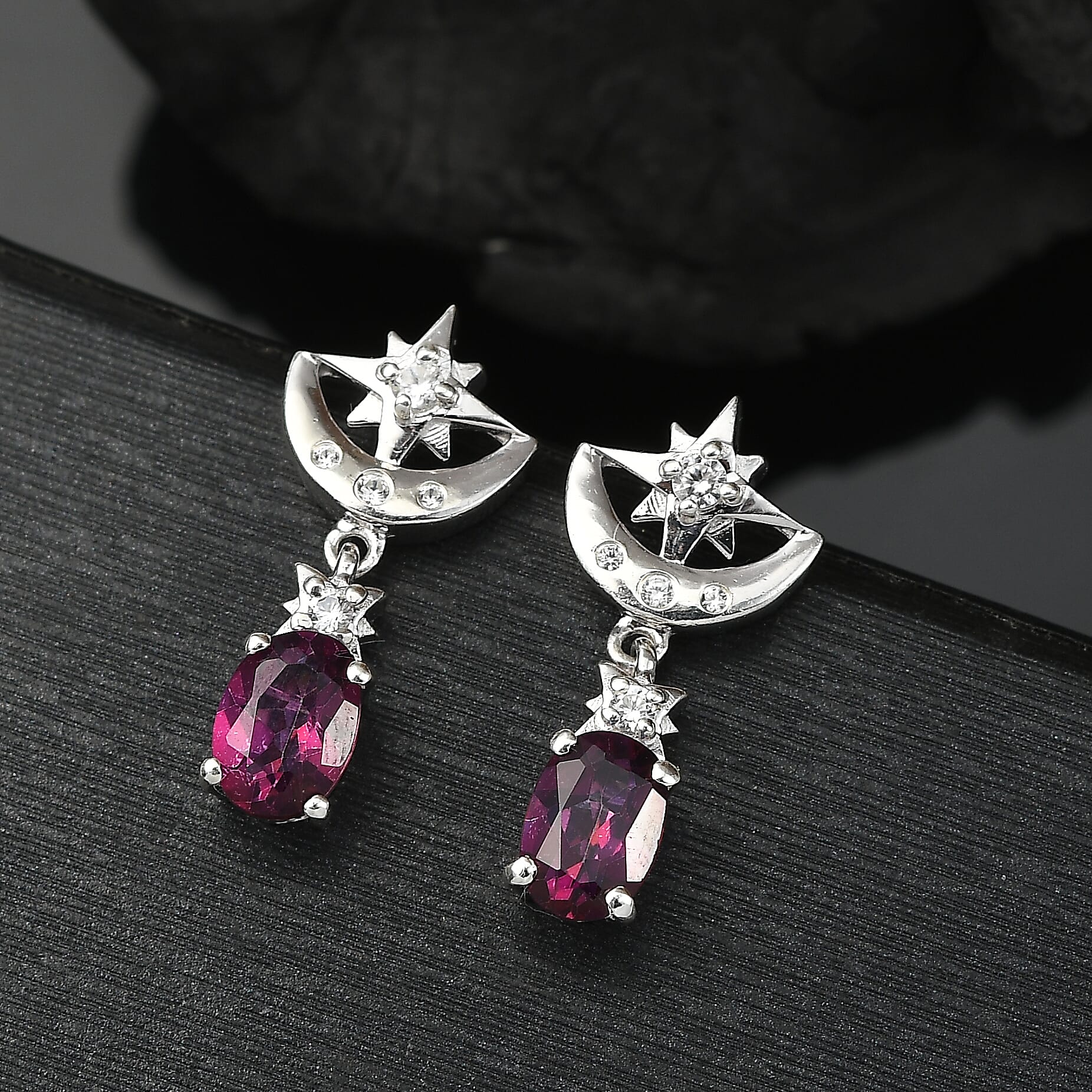 D'Joy Crimson Mystic Topaz and White Zircon 2.35 ctw Moon Star Earrings in Rhodium Over Sterling Silver