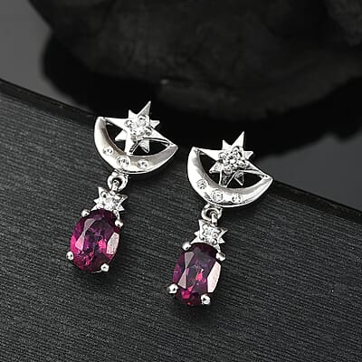 D'Joy Crimson Mystic Topaz and White Zircon 2.35 ctw Moon Star Earrings in Rhodium Over Sterling Silver