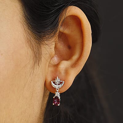 D'Joy Crimson Mystic Topaz and White Zircon 2.35 ctw Moon Star Earrings in Rhodium Over Sterling Silver