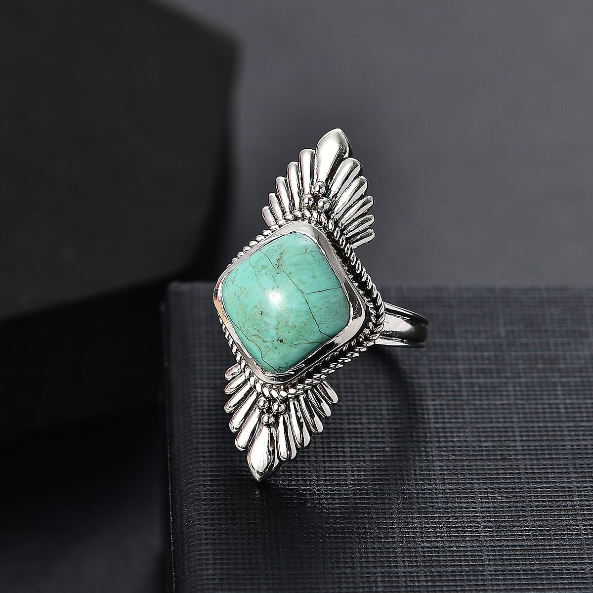 D'Joy Artisan Crafted Royston Turquoise 5.80 ctw Feather Ring in Sterling Silver (Size 6.0) image number 1