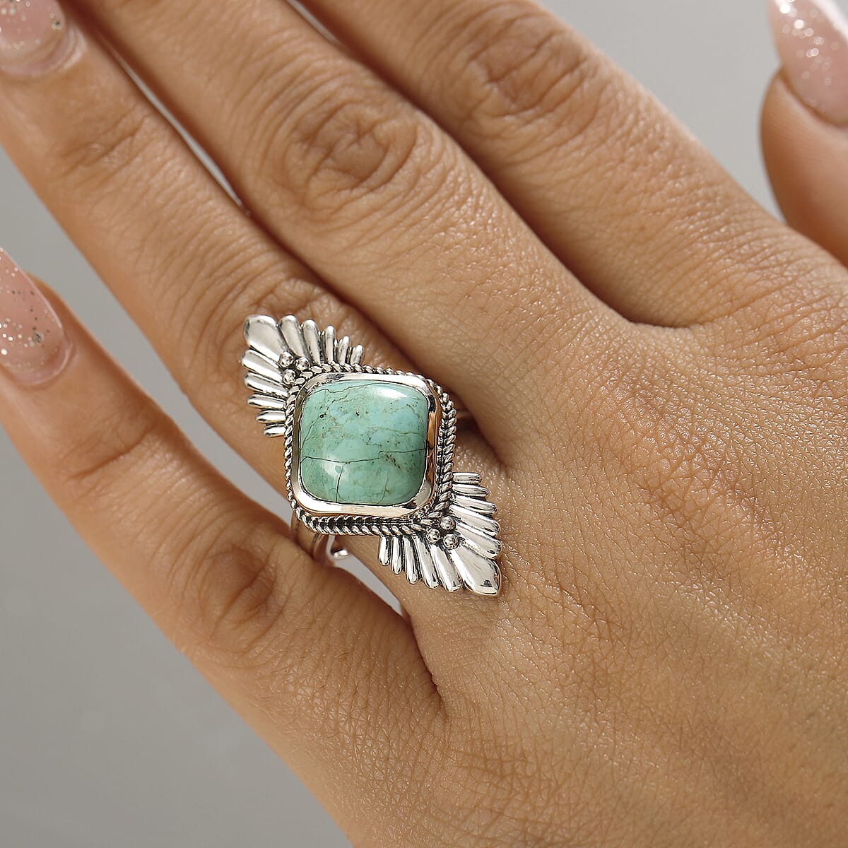 D'Joy Artisan Crafted Royston Turquoise 5.80 ctw Feather Ring in Sterling Silver (Size 6.0) image number 2