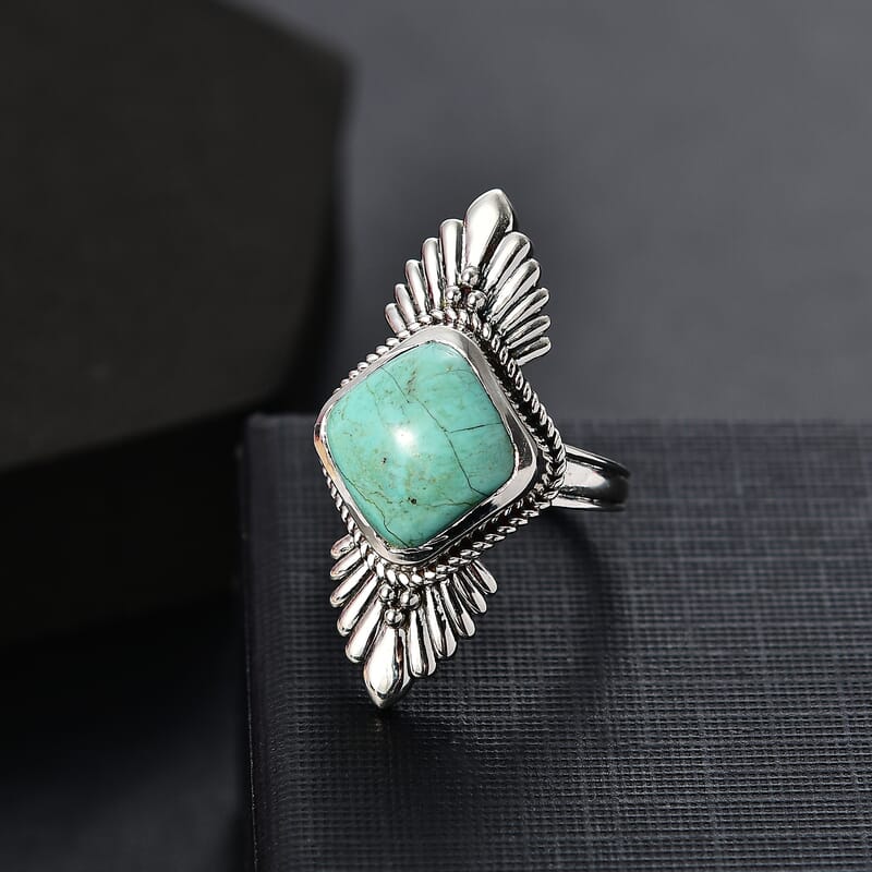 D'Joy Artisan Crafted Royston Turquoise 5.80 ctw Feather Ring in Sterling Silver (Size 9.0)