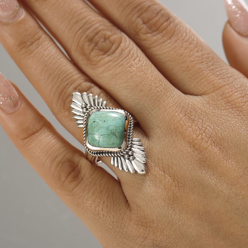 D'Joy Artisan Crafted Royston Turquoise 5.80 ctw Feather Ring in Sterling Silver (Size 9.0)